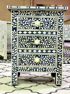 NAVY BLUE BONE INLAY FLORAL BEDSIDE TABLE - Picture 1 of 5