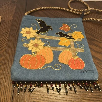 Bolso de Hombro Artesanal de Tela Otoño, Calabazas, Cuervos y Girasoles 12 X 9 Foto 1 de 4
