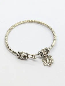 Floral Charm Bangle, Silver-tone Twisted Bangle, Rhinestone Charm Bracelet - Picture 1 of 6