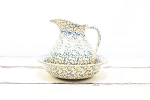 Vntg Robinson Ransbottom Pottery RRP Blue Spongeware Bowl & Pitcher 3 QT Ewer - Picture 1 of 10