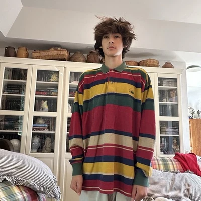 Camisa polo masculina vintage de rugby náutica anos 90 listrada manga longa gola pesada - Imagem 1 de 4