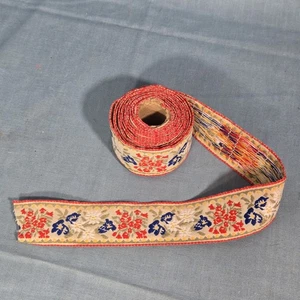 Vintage Embroidered Jacquard Ribbon with Red & Blue Flowers 2" Wide 3 Yd Lot - Picture 1 of 6