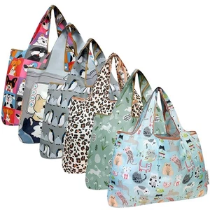 Large Foldable Tote Nylon Reusable Grocery Bags, 6 Pack, Pet Parade - Picture 1 of 7
