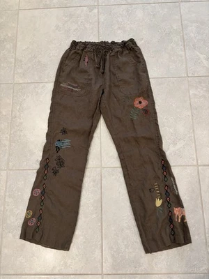 Pantalones Johnny Was Biya Mujer Lino Bordado Cordón Talla XS Verde Foto 1 de 4