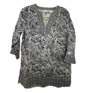 Sigrid Olsen Pure Linen Tunic Top S Blue White Paisley Beachy Coastal - Picture 1 of 7