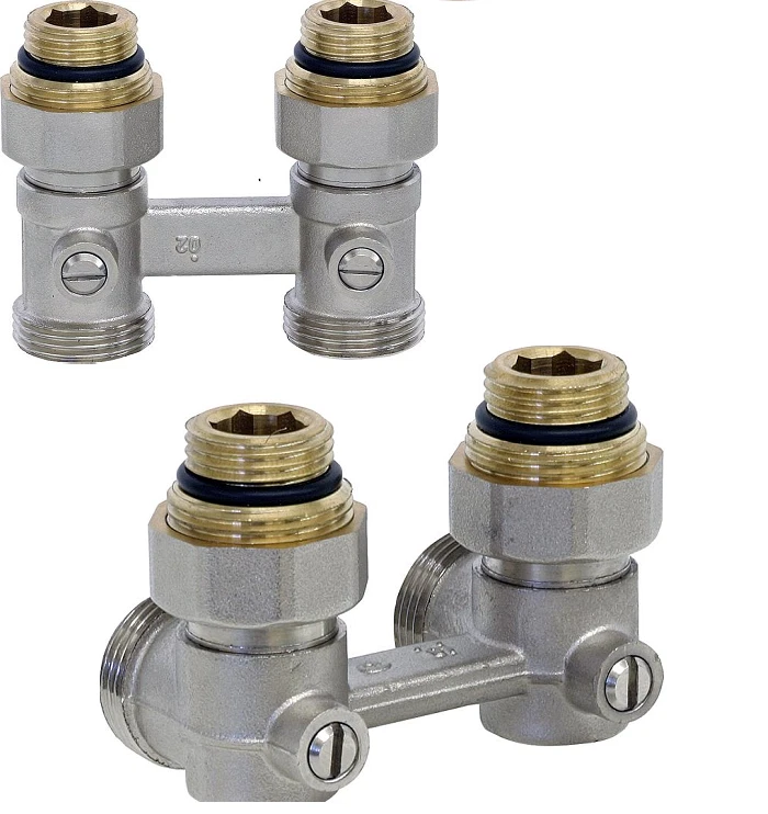 Doppelkugelhahnverschraubung  Hahnblock für Ventilheizkörper, Eck oder Durchgang - Bild 1 von 1