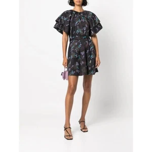 Cynthia Rowley Floral Flutter Sleeve Belted Mini Dress Black Womens Size Small - Picture 1 of 10