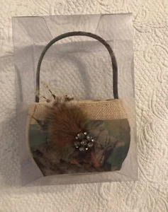 Lillian Rose-Camouflage & Burlap-Flower Girl Basket-Feathers & Brooch On Front - Picture 1 of 4