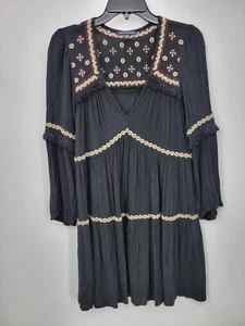 Vestido American Eagle para mujer pequeño negro bordado manga larga boho fluido - Imagen 1 de 11