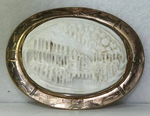 LARGE VICTORIAN ANTIQUE HAND CARVED SHELL CASTLE SCENIC CAMEO PIN - Picture 1 of 2