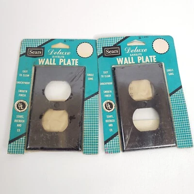 Lote de 2 Cubiertas de Toma Eléctrica Placa de Pared Baquelita MCM De Colección Negras NOS Foto 1 de 2