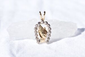 14k yellow & white gold 0.07 tcw diamond prayer hands religious pendant