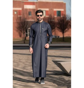 Men's Muslim Full Length Long Sleeve Middle East Islamic Thobe 504 Navy - Picture 1 of 4