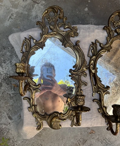Pair Of Antique Art Nouveau/Victorian Mirrored Candle Wall Sconces Antique Brass Cover