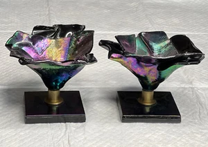 RAR! 2 antike freihändig irisierende Kunstglasvasen mit Fuß Messingstiel SIGNIERT - Bild 1 von 12