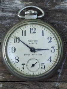 Vtg Westclox Scotty Pocket Watch 50mm USA Model 90001 Starts/Stops Runs PARTS  - Picture 1 of 13