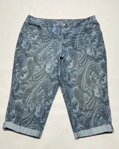 Blue Paisley Print Cuffed Slim Leg Cropped Capri Jeans Size 16 Hippie Y2K Boho - Picture 1 of 23