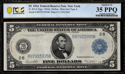 1914 $5 Federal Reserve Note New York FR-851a - Graded PCGS 35 PPQ - Image 1 of 2