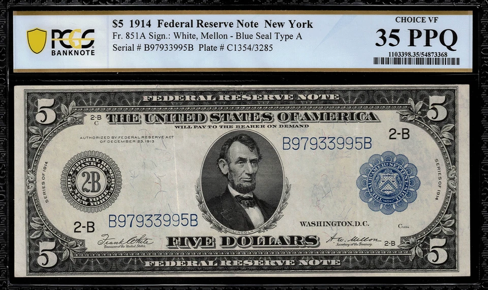 1914 $5 Federal Reserve Note New York FR-851a - Graded PCGS 35 PPQ - Image 1 of 2