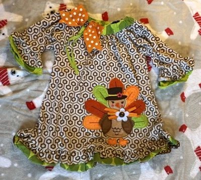 Vestido de Acción de Gracias Niñas Talla 3t Apliques de Pavo Volantes Lazo Ediciones Raras Foto 1 de 4