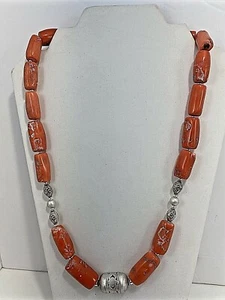 Sterling Silver .925~ 15mm x 28mm Elongated Salmon Coral Beaded 26.5" Necklace - Picture 1 of 8
