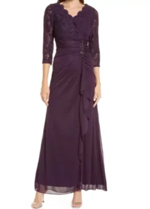 ๐ ALEX EVENINGS Purple Eggplant Sequin Beaded Jewel Lace A-Line Ruffle Gown 16 - Picture 1 of 5