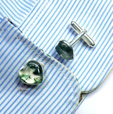 Moss Agate Heart Shape Cabochon 925 Sterling Silver Cufflinks For Men Gift