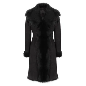 Black Luxury 3/4 Length Ladies Suede Real Toscana Sheepskin Coat Tailored Fit - Picture 1 of 5