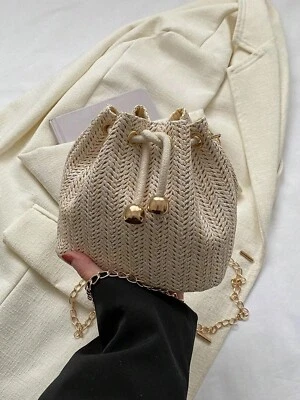 Womens Beige Small Straw Bag Gold Chain Strap Summer Holiday Beach Party Gift - Image 1 of 4