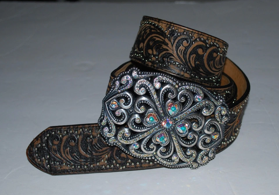 TONY LAMA MUJER WESTERN CUERO HEBILLA CINTURÓN ESTRÁS BLING TALLA 36 Foto 1 de 1