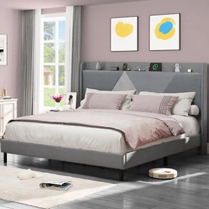 Bed Frame King Upholstered Platform w/ Storage Linen Headboard+Type-C&USB Ports - Picture 1 of 12