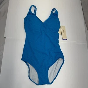 Gottex Jazz Textured Mock High Back One Piece Swimsuit Turquoise Sz 10 $108 NEW - Picture 1 of 7