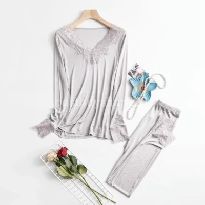 Conjuntos de pijama térmico Johns largos cuello en V encaje ropa interior de seda morera para mujer Foto 1 de 4