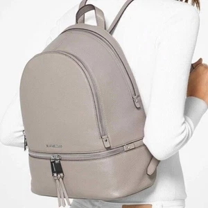 Michael Kors Rhea Zip Leather LARGE Greige Backpack - Picture 1 of 14