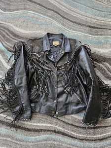Vintage Biker Fringe Jacket Womens Medium Black Bon Jovi 80s Western - Picture 1 of 10