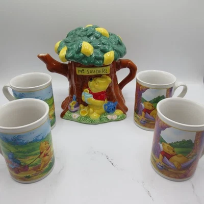 Disney Winnie The Pooh Teapot Ceramic Tree House Lid Mr Sanders With 4 Cups - Image 1 of 4