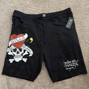 Ed Hardy Fleece Sweat Shorts Grafik Totenkopf Kordelzug schwarz Herren Größe XL neu mit Etikett - Bild 1 von 9