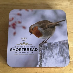 M & S Shortbread Square Biscuit Tin Empty Box Metal Christmas Robin Tartan 7” - Picture 1 of 6