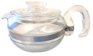 Pyrex Flameware 8446-B Glass Teapot Stainless Steel Band 6 Cups 1960's - Picture 1 of 11