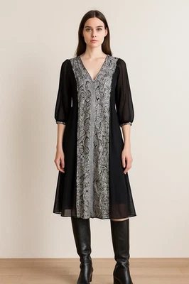 Precioso vestido vintage Motifz Pret para mujer negro bordado línea A seda pequeño Foto 1 de 4