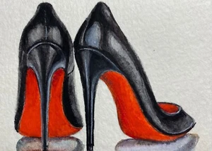 Watercolor Painting Black Heels With Red Bottoms ACEO Art  - Picture 1 of 2