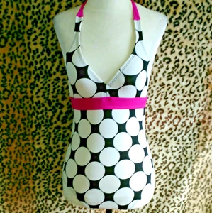 Vintage Speedo Girls 14 Swimsuit One Piece Polka Dot White Black Pink Halter - Picture 1 of 12