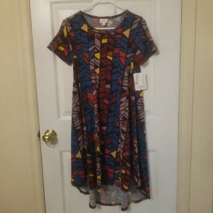 LuLaRoe Carly Short Sleeve Swing Dress Red Blue Triangle Stained Glass Size XXS - Picture 1 of 10