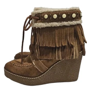 Sam Edelman Kemper Ankle Booties Size 6 Shearling Fringe Wedge Brown Suede EUC - Picture 1 of 10