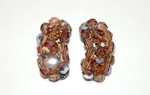 Vintage Unsigned Miriam Haskell Iridescent Amber Brown Beaded Clip Earrings - Picture 1 of 6