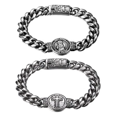 Biker Men Stainless Steel Cuban Chain Link Bracelet Cross Monica Cuff Bangle 9'' - Image 1 of 4