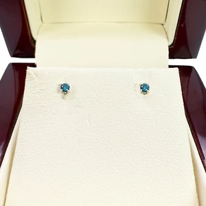 18ct White Gold & Natural Round 4-Claw Blue Diamond Children's Earrings 0.05ct - Picture 1 of 7