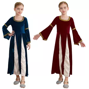 Kids Girls Costume Opera Dress Wrinkleless Gown Square Neck With Headpiece Robe - Picture 1 of 34