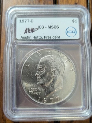 1977-D Eisenhower $1 MS66 ICG Autographed Graded Slab Denver Collectible Dollar! - Image 1 of 3
