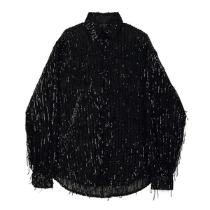 Mens Sequin Fringed Shirt Button Sheer Summer Night Club Bar Perform Shiny Sexy - Picture 1 of 8